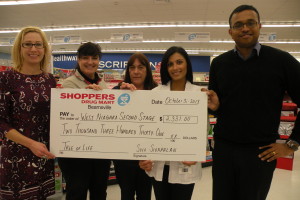 Shoppers Drug Mart in Beamsville donated just over $2,300 to West Niagara Second Stage Housing and Counseling (WNSS) through the Tree of Life campaign. (L to R) Emily Thompson, WNSS project director; with Shoppers employees Ann Marie Stevens, Darlene McGowan, pharmacist Sapna Gothi and associate owner Siva Sivapalan. Money was raised through staff and customers donations.